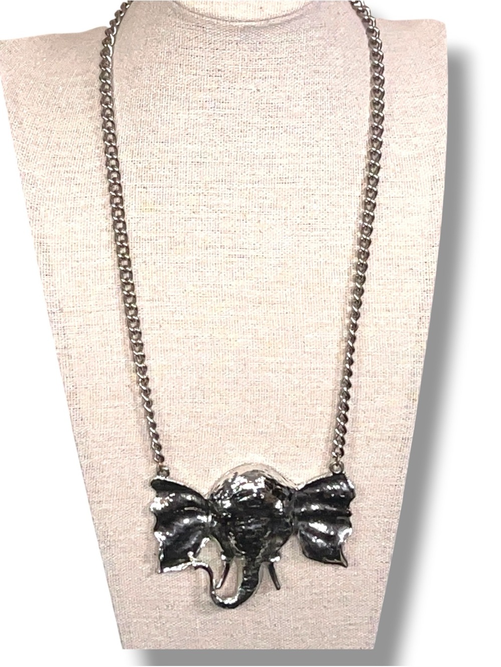 Vintage 1980s Heavy Elephant Pendant Statement Necklace Silver Tone Tribal